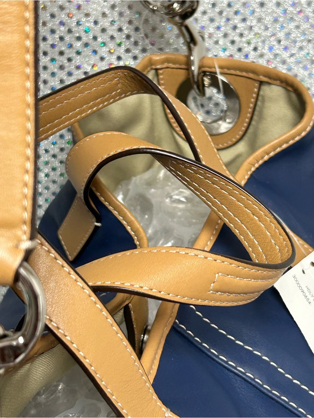 COACH Navy Leather Shoulder Strap w/ White & Tan Accents Approx 17 x 11 x 6 - Picture 8 of 17